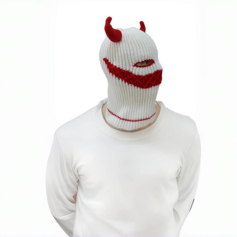 Halloween Funny Mask Knitted Little Devil Corner Cover Sewn Smiley Face Personalized Hat Autumn and Winter Warm Wool Hat