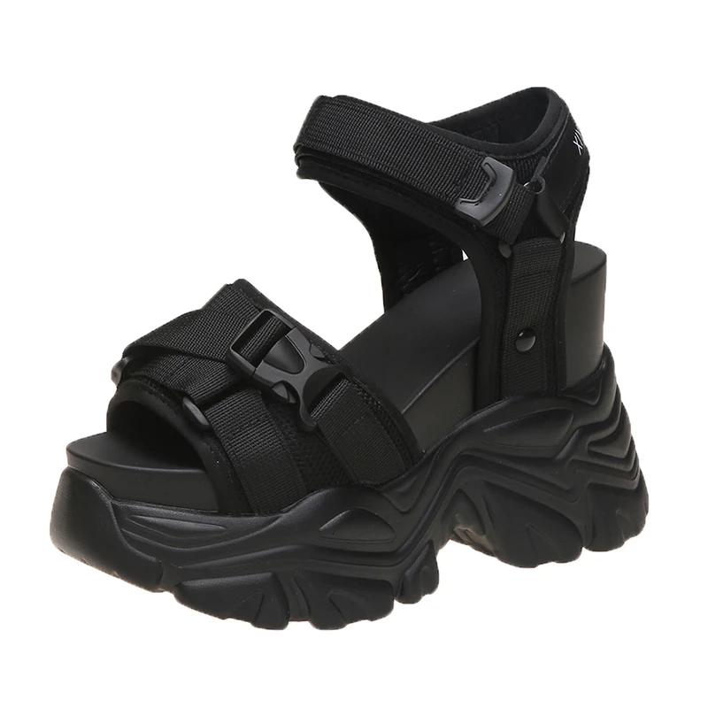 

Женские повседневные сандалии на массивной платформе с открытым носком, на высоком каблуке 11 см, гладиаторские готические шлепанцы, женские модные летние пляжные сандалии 34 чёрный