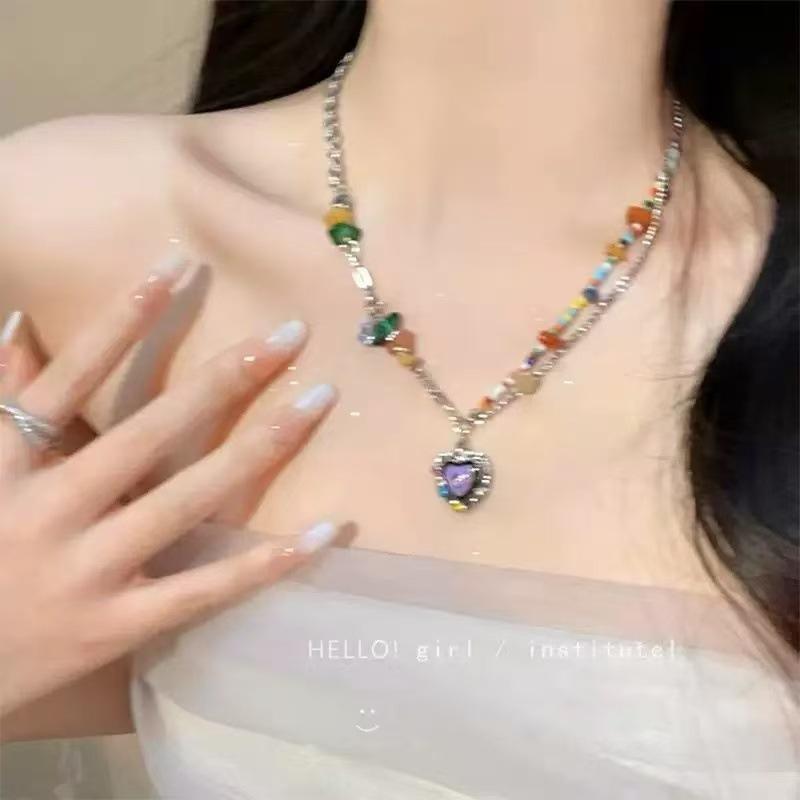 Dopamine Color Acrylic Rice Beads Apple Pendant Necklace Small Fresh Sweet Versatile Clavicle Chain Exquisite Necklace