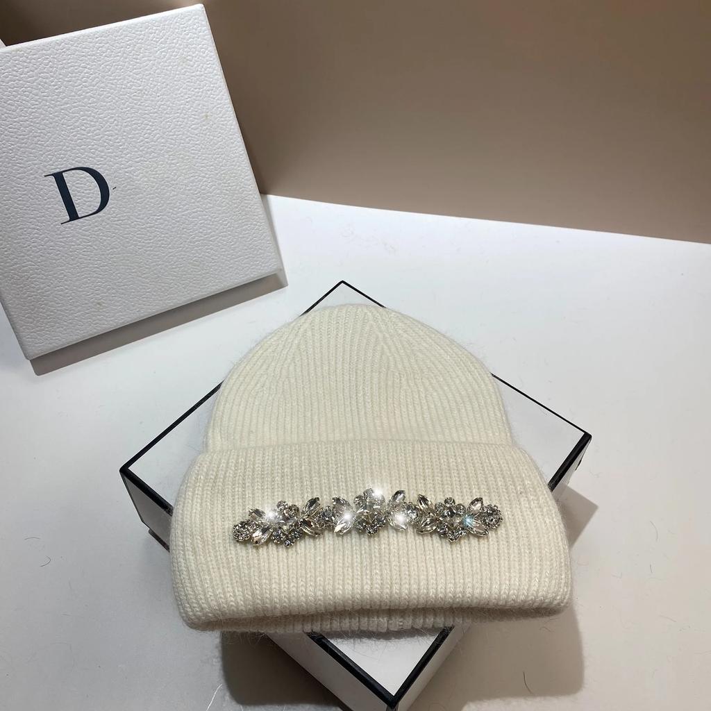 2024Mode Damen Wintermütze Echtes Kaninchenfell Gestrickte Mützen Diamanten Blume Damen Freizeit Hüte Warme Wolle Skullies Beanies