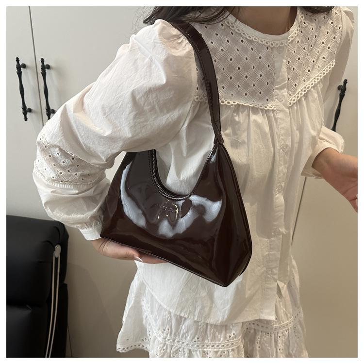 Glossy Faux Leather Crescent Bag for Women Fashionable Handheld Shoulder Purse Trendy Daily Clutch