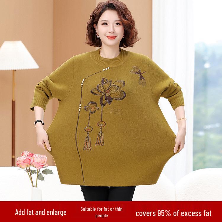220 Jin Plus Size Middle-Aged & Elderly Women's Round Neck Pullover Sweater, Autumn/Winter, Loose Fit, Base Layer.