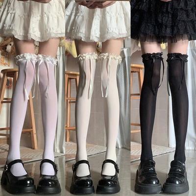 Lolita Weiße Overknee-Socken, Sommer dünne Samt-High-Tube-Oberschenkelhohe Socken, Reine Lust Spitze Schleife Lange Socken