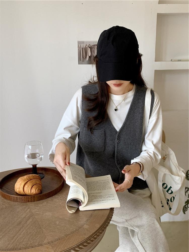 Korean Version Solid Pocket Knitted Vest Cardigan Women's Autumn Winter New Loose Fashion V-neck Sleeveless Sweater Vest