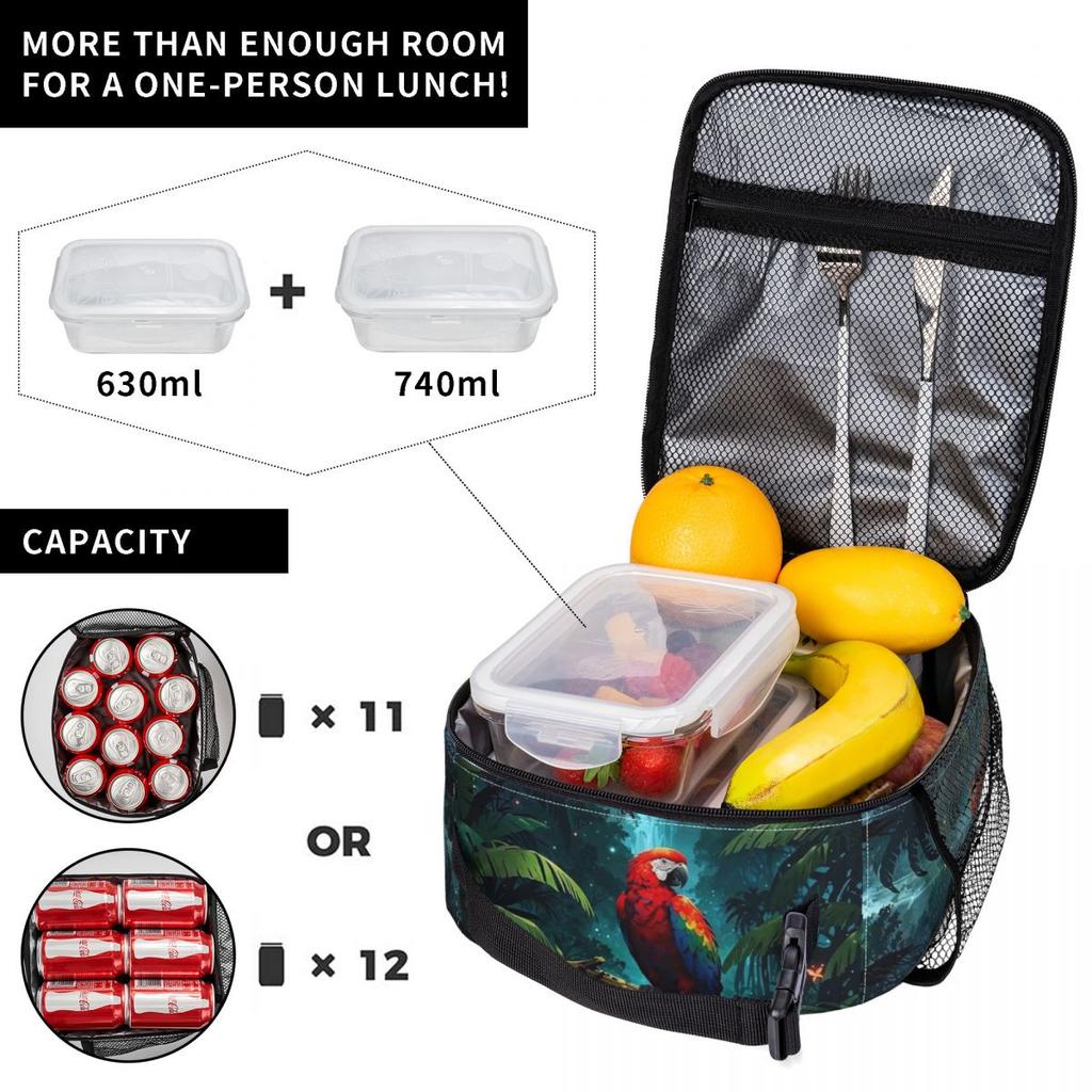 Tropisches A-Wald-Papageien-Design Isolierte Lunchtasche für Damen Kinder Tragbare Lebensmittelboxen Thermische Lunchbox Tragetasche