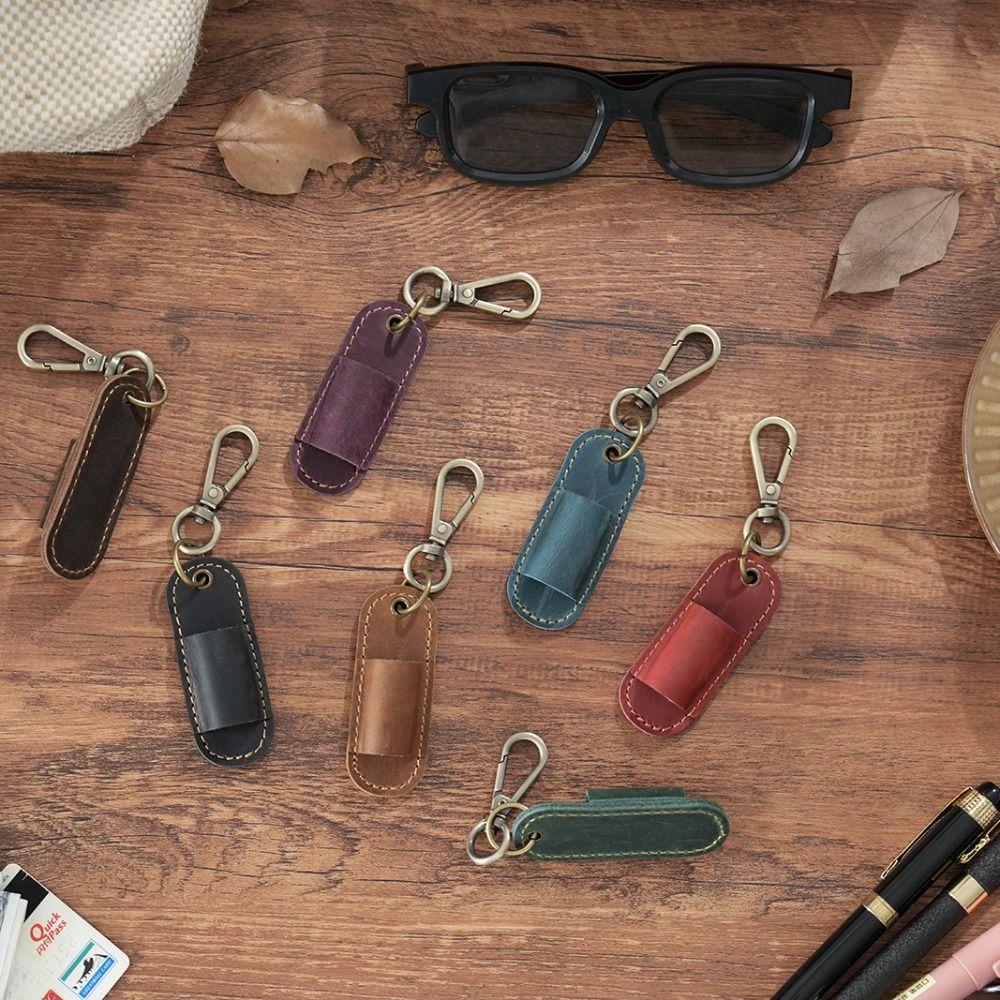 Luxury Pen Holder Keychain Portable Pen Pouch Keychain Genuine Leather Pen Case  School Supplies