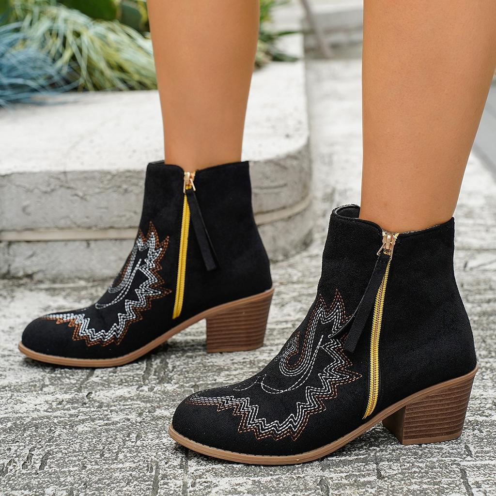 Women Embroidery Printed Pointed Toe Block Heel Chelsea Ankle Boots, European Style Short Tube Fashion Booties For Autumn