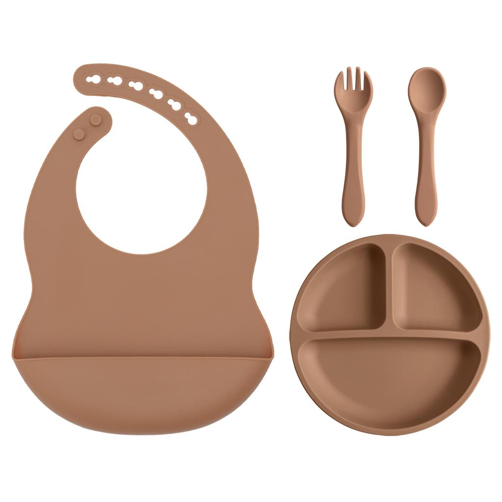 Color Kids 4PCS Baby Silicone Feeding Set Suction Plate BPA Free Waterproof Bib Portable Spoon Fork Toddler Training Tableware