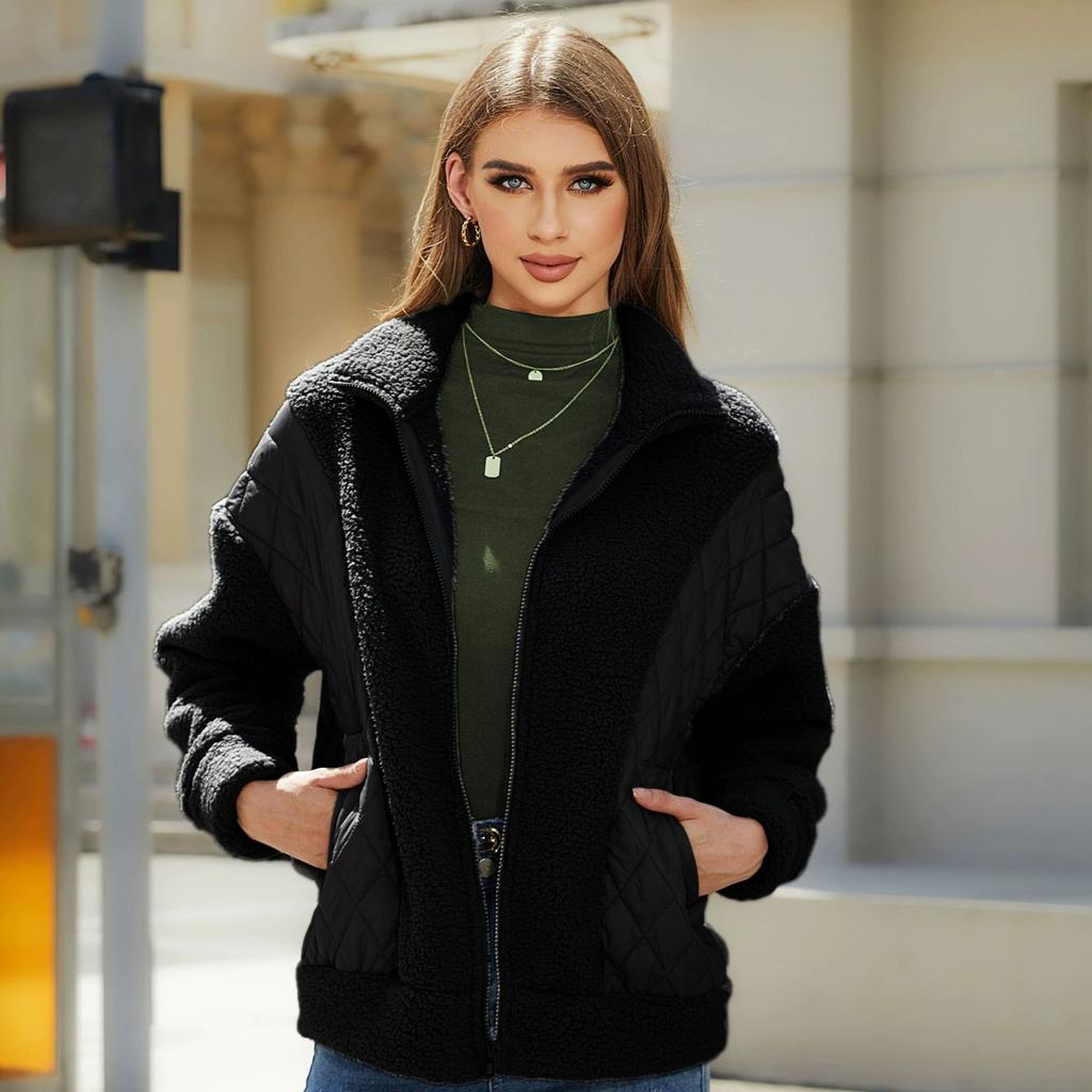 Women's Fall and Winter Long-sleeved Cardigan Zipper Plush Splicing Ladies Short Jacket