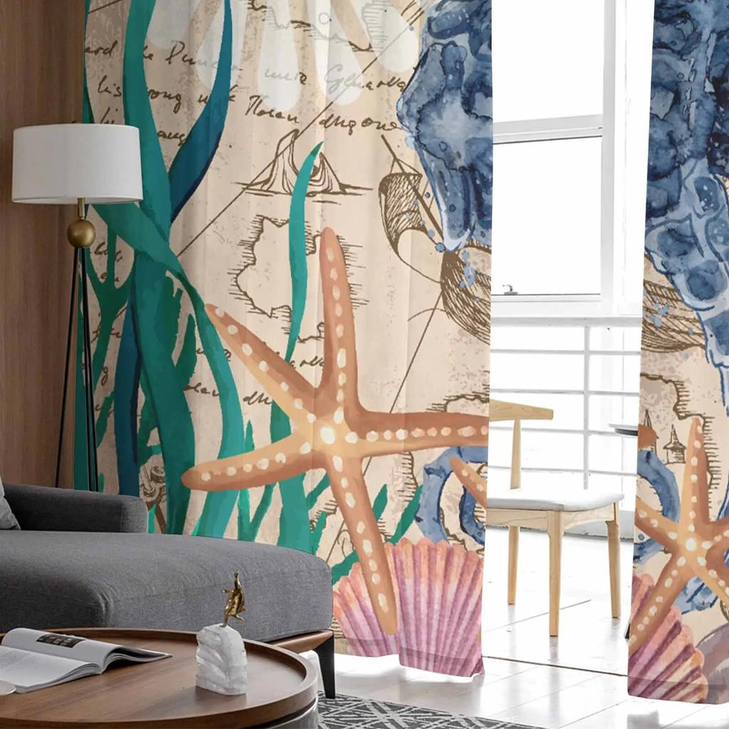 Seahorse Seaweed Starfish Shell Retro Sheer Curtains For Living Room Kitchen Window Curtains Bedroom Tulle Voile Curtains