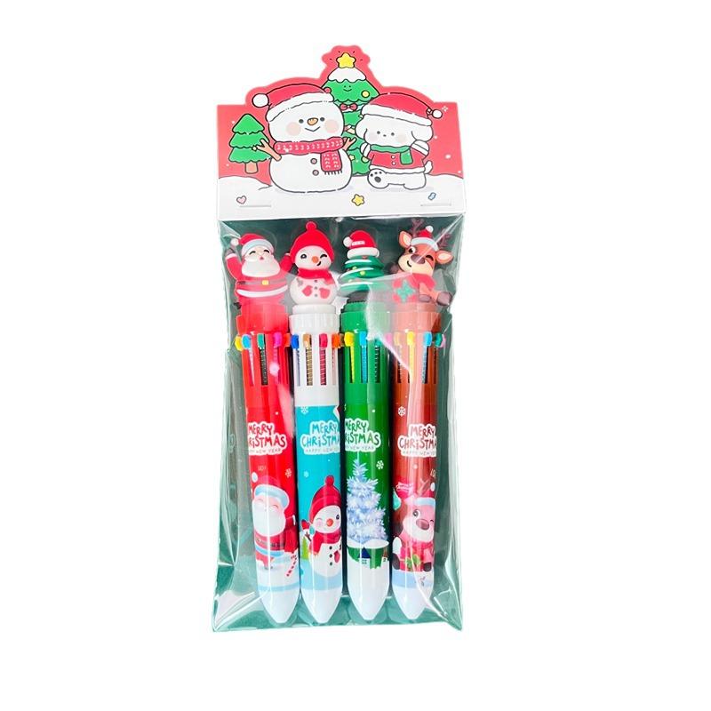 8 Pcs(2 Sets) Cartoon Christmas Ballpoint Pen Santa Colored Handbook Press Pen Student Christmas Gifts Stationery Prizes