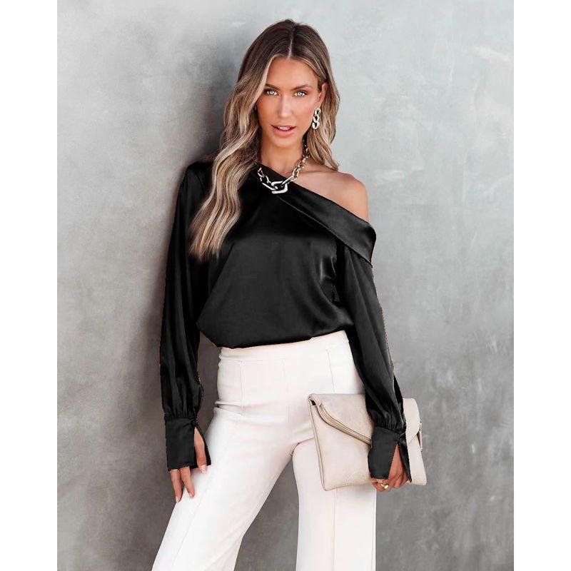 

Fashion Sexy Oblique Shoulder Long Sleeves Shirt Casual Women Loose Satin Tops Sexy off Shoulder Top Black XL
