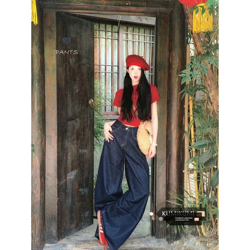 

Plus Size Retro Dark Blue Loose Loose Pants Female Denim Summer New Arrival High Waist Drooping Straight Mop Pants Dark Long [Quality Edition]] S