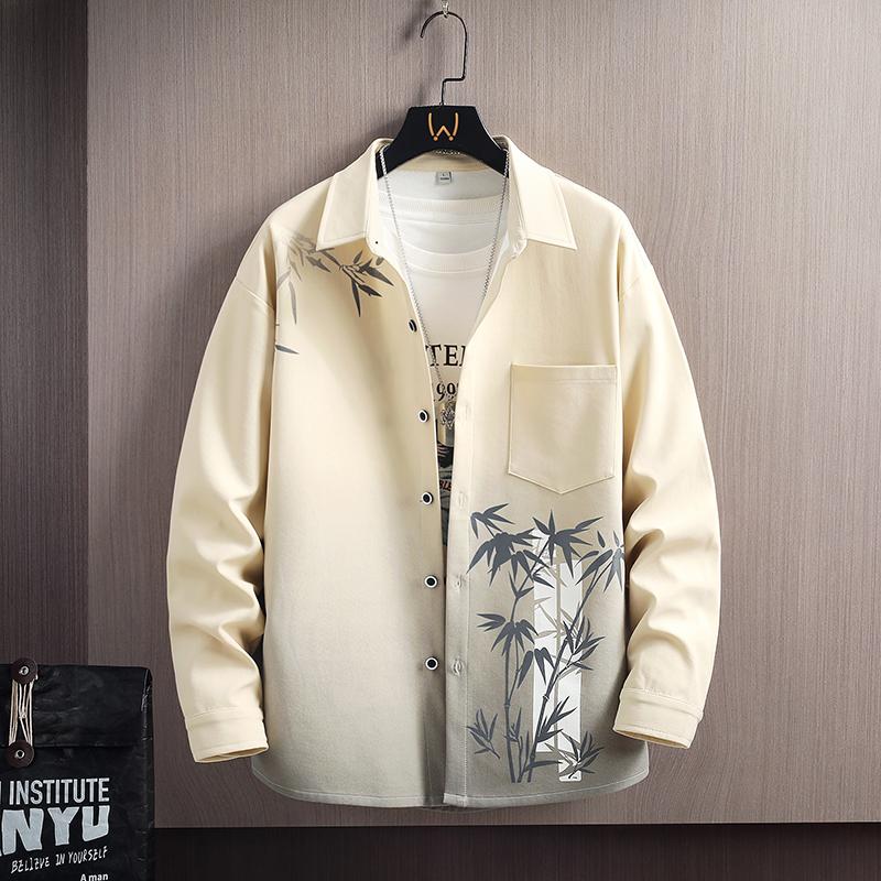 Men's White Pink Gradient Bamboo Print Shirt, Casual Long Sleeve Button Down Top for Daily Wear
