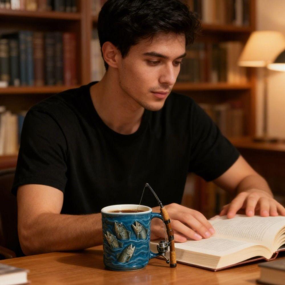 Rod & Reel Design Fishing Coffee Mug Grip Handle Fishing Theme Cup Funny Fishing Mug  Water Cup