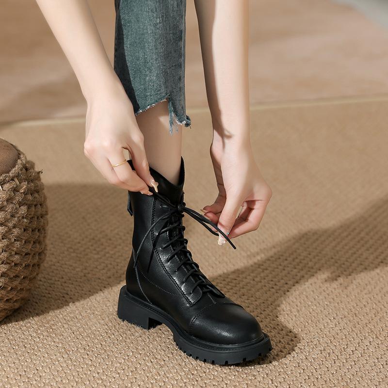 Martin boots women's autumn and winter new leather short boots women's platform boots women's lace-up soft leather short boots