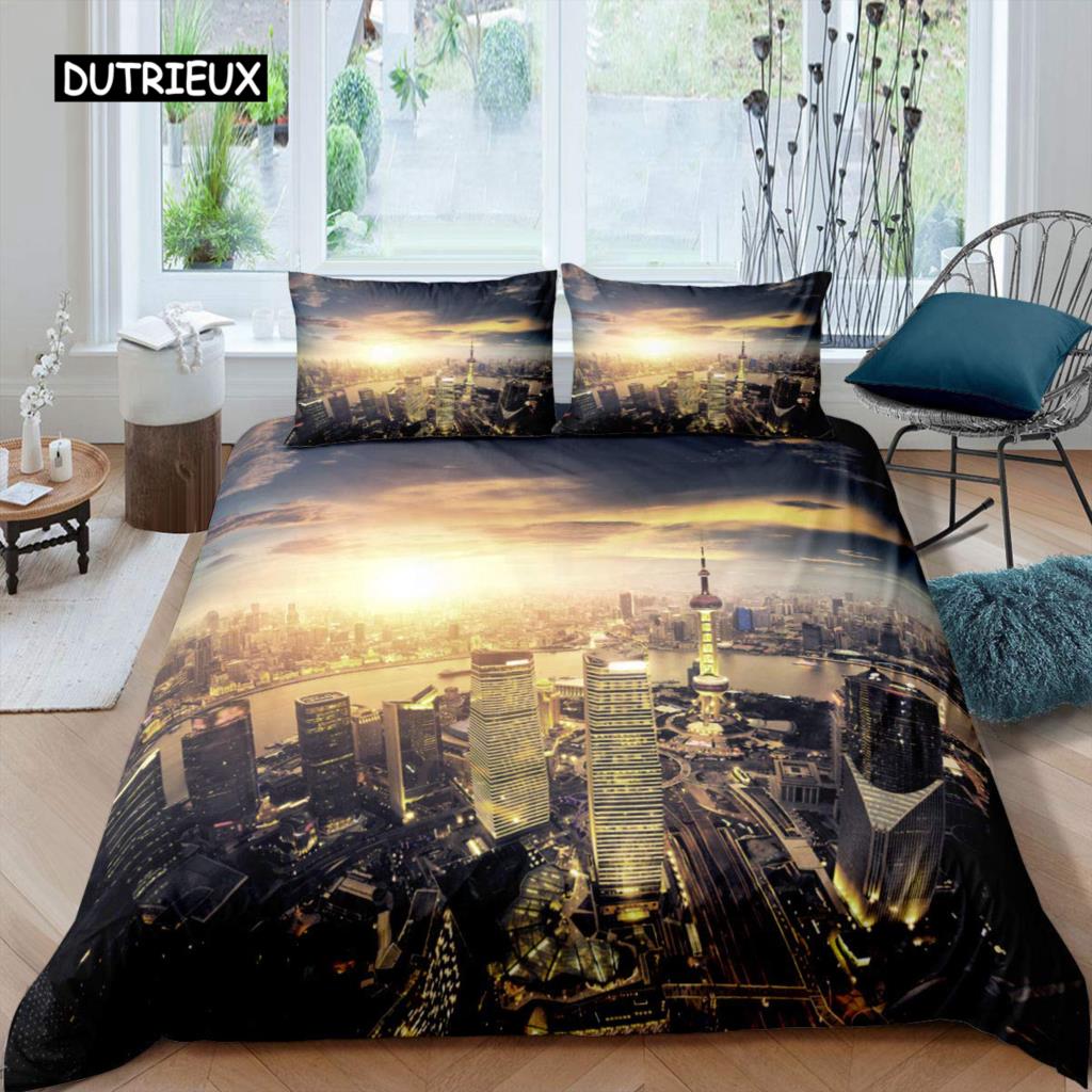 Cityscape Duvet Cover Set New York City Night View Quilt Cover for Boys Adults Microfiber Building Bedding Set 2/3Pcs King Size