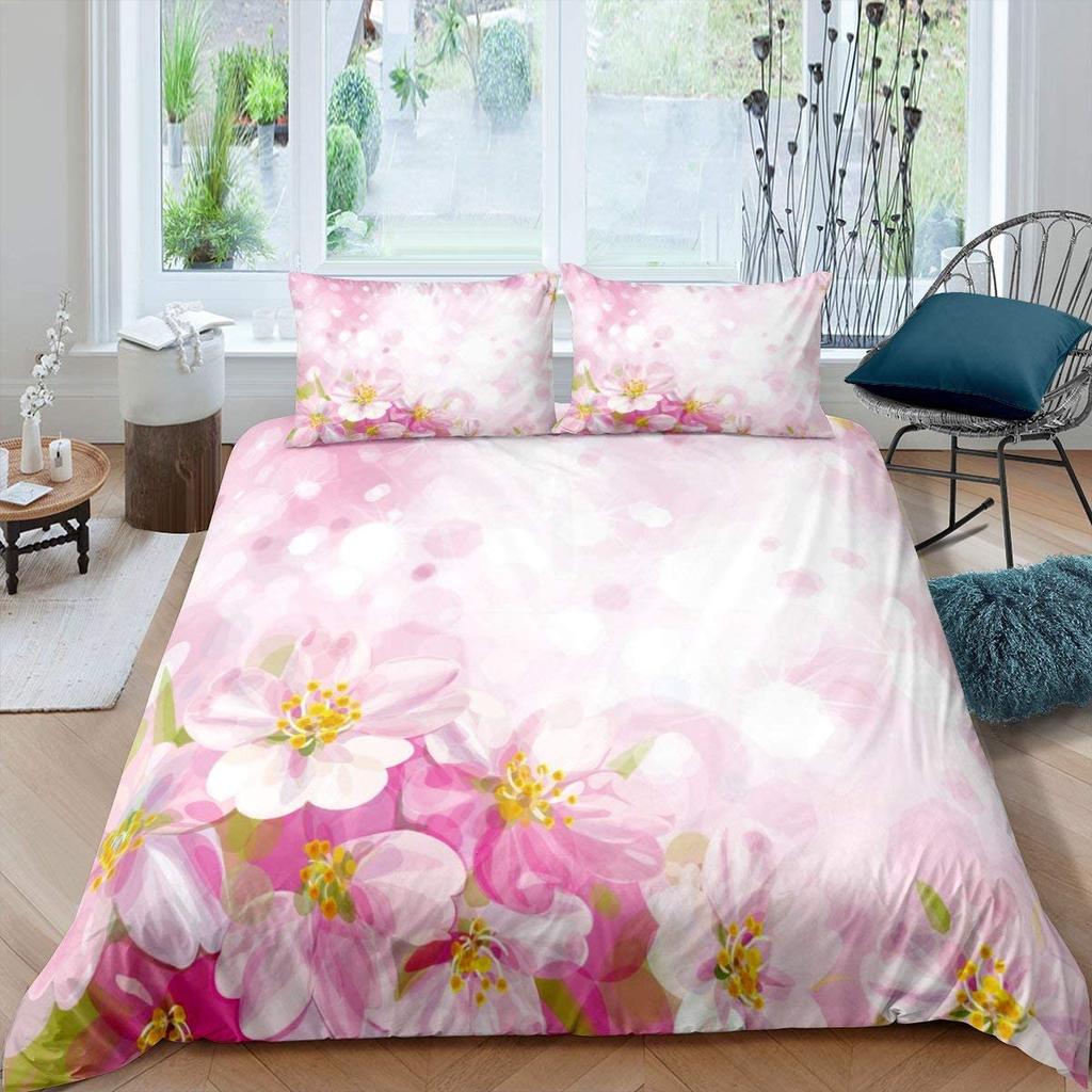 Cherry Blossoms Bedding Set Pink Floral Comforter Cover For Girl Teen Women Petal Flowers Duvet Cover Microfiber Bedspread Cover