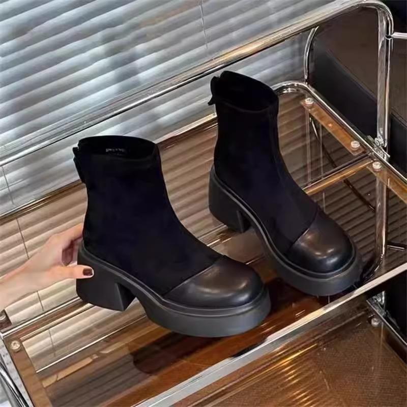 Thick-soled Thick-heeled Short Boots Women's New Autumn and Winter Thin Boots Elastic Boots Heightening Martin Boots