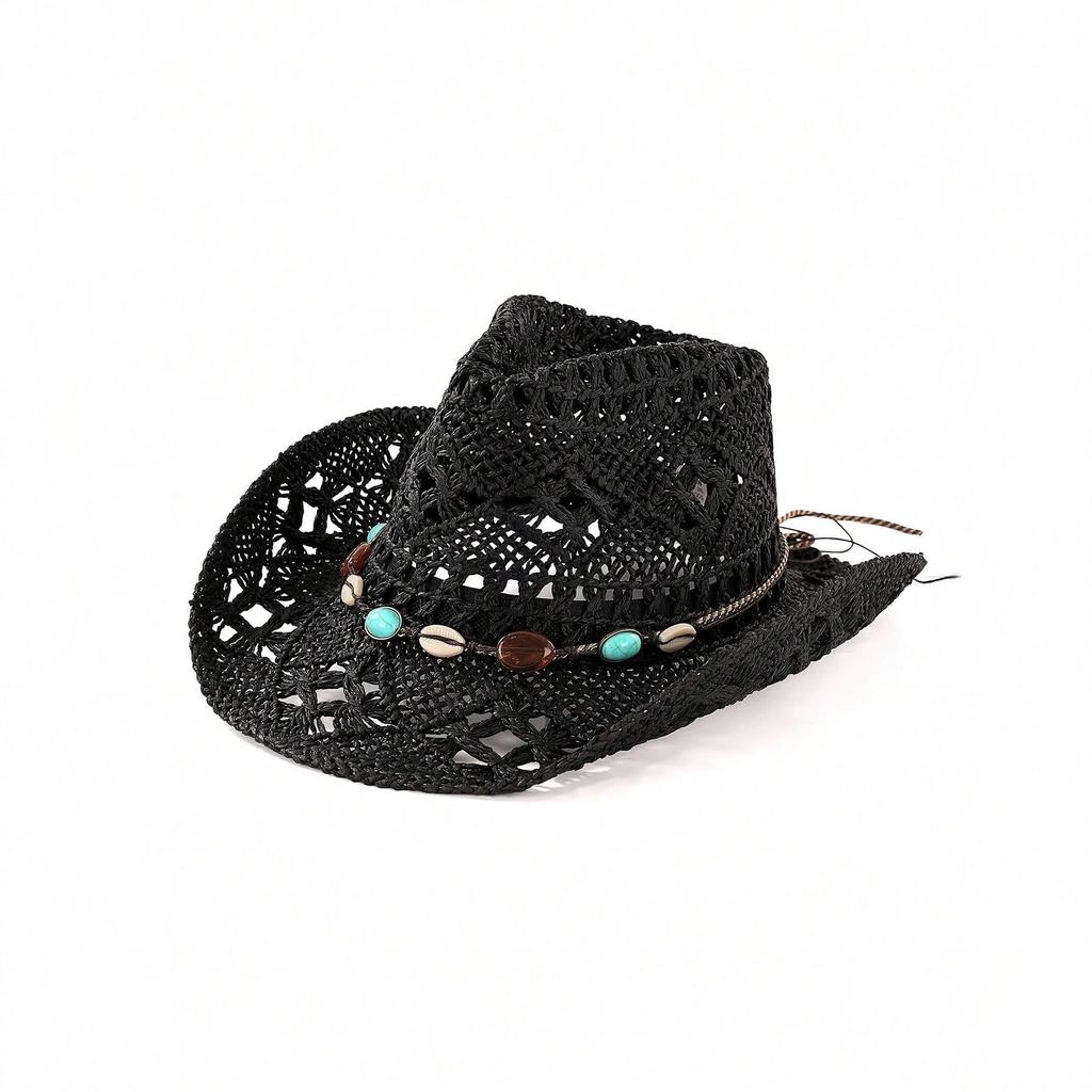 Cappello da Cowboy in Paglia Intrecciata Occidentale - Protezione Solare Estiva per Spiaggia all'Aperto