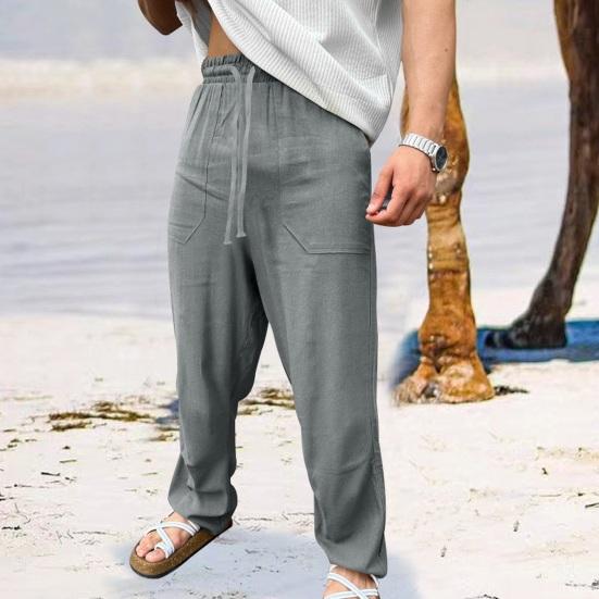 Men Pants Drawstring Elastic Waist Straight Leg Loose Solid Color Pockets Sweat Absorption Daily Wear Casual