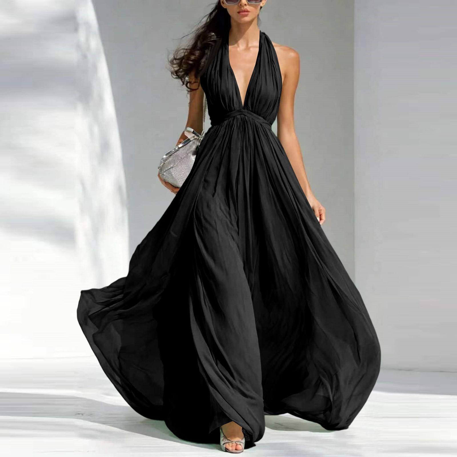 Women s Sleeveless V-Neck Maxi Dress with Waist and Flowing A-Line for Elegant Occasions L