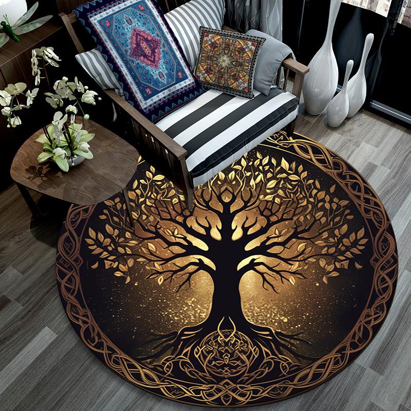 Golden Tree Round Area Rug,Carpet Rug for Living Room Bedroom Sofa Playroom Decor,Non-slip Floor Mat