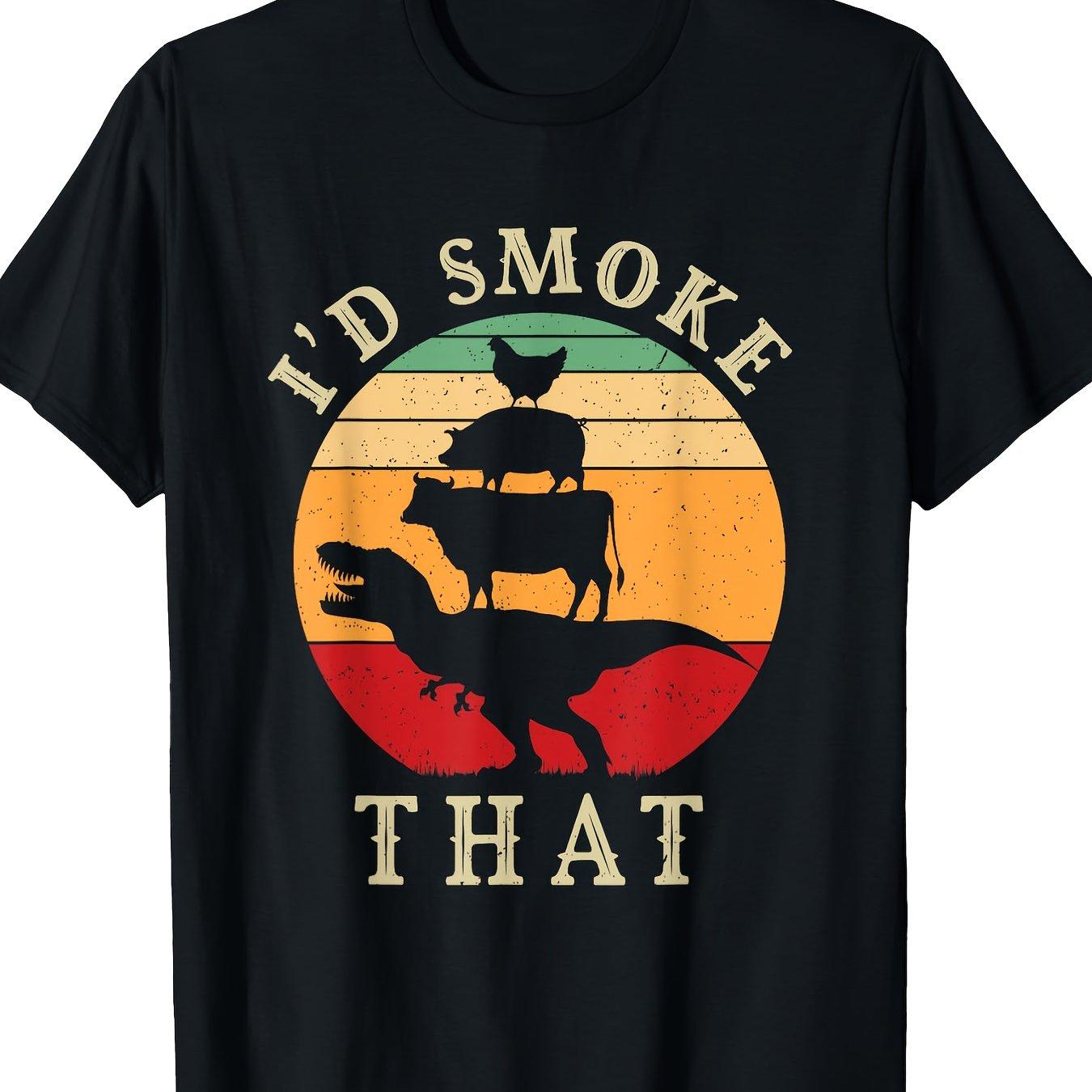 Id Smoke That BBQ Dinosaur Stack Graphic Tee Men Casual Short Sleeve TShirt Breathable S