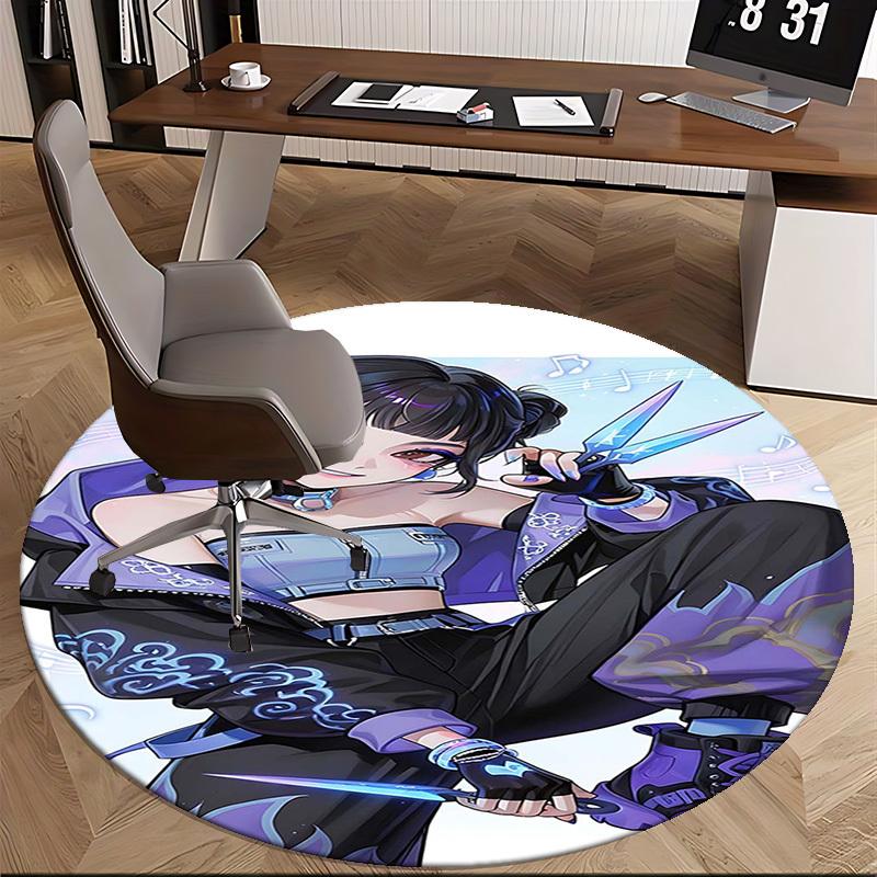 1pc Anime Design Round Carpet - Office Chair Mat with Cool Girl Holding Scissors and Music Notes, Suitable for Home Decor