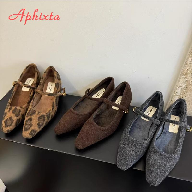Aphixta Warm Flannel Mary Jane Shoes Leopard Sexy Party Dance Pumps Women Med Heels Buckle Pointed Toe Pumps