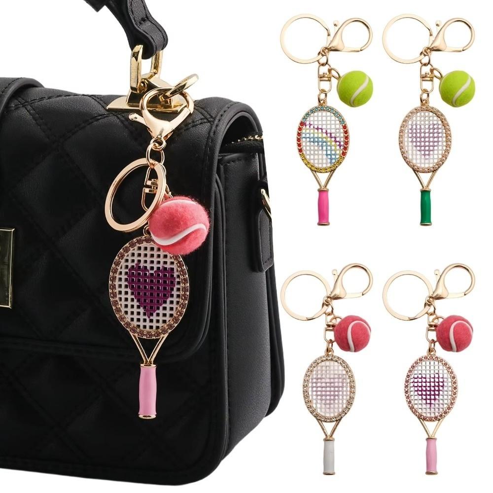 Alloy Inlaid Rhinestone Tennis Racket Keychain Mini Felt Ball Sports Keychain Pendant for Women