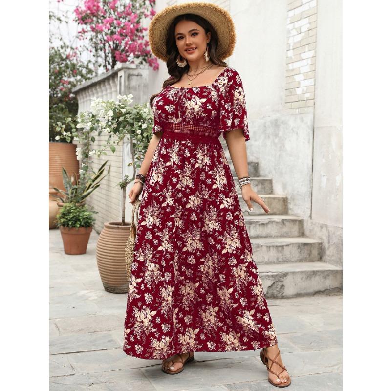 

Плюс Размер Женское Летнее Винтажное Платье С Короткими Рукавами и Квадратным Воротником XL красный