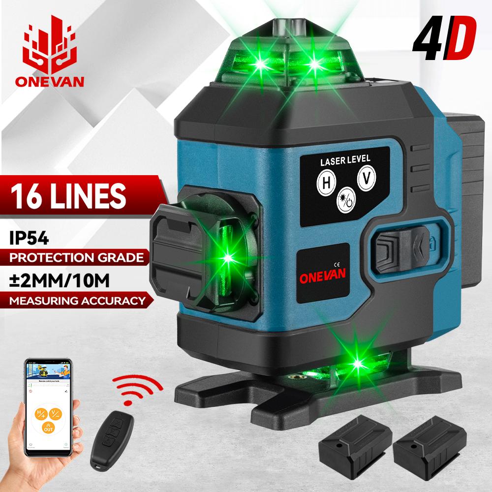 ONEVAN 16řádkový 4D laserový vodováha Samonivelační 360 horizontální a vertikální křížový Super výkonný zelený laserový vodováha se 2 bateriemi