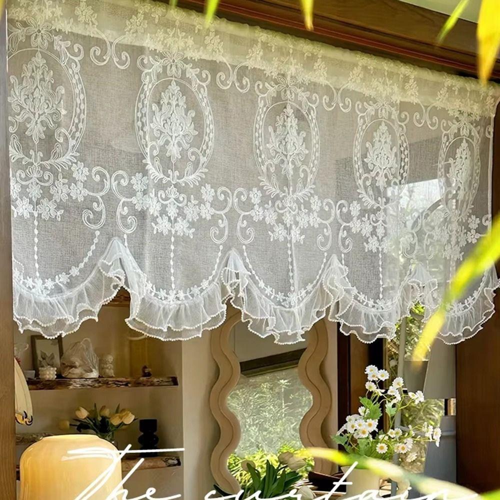 Wavy Edge Ruffled Lace Short Sheer Curtain Floral Short Tulle Drapery  Door