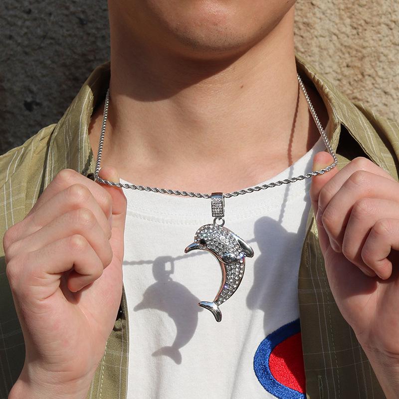 Hip Hop 3D Diamond Dolphin Pendant Necklace with Stainless Steel Twisted Chain - Light Luxury Jewelry