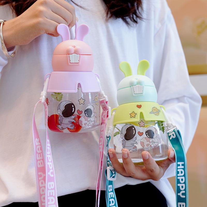 Water bottle high value children's elastic cover plastic water cup rabbit portable with straw cute rabbit large capacity strap cup