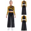 Kids Girls Dance Costume Two-Piece Set Mock Neck Long-Sleeved Sequins Cutout Back Press Button Crop Top with Flowing Chiffon Overlay Wide-Leg Side Sli