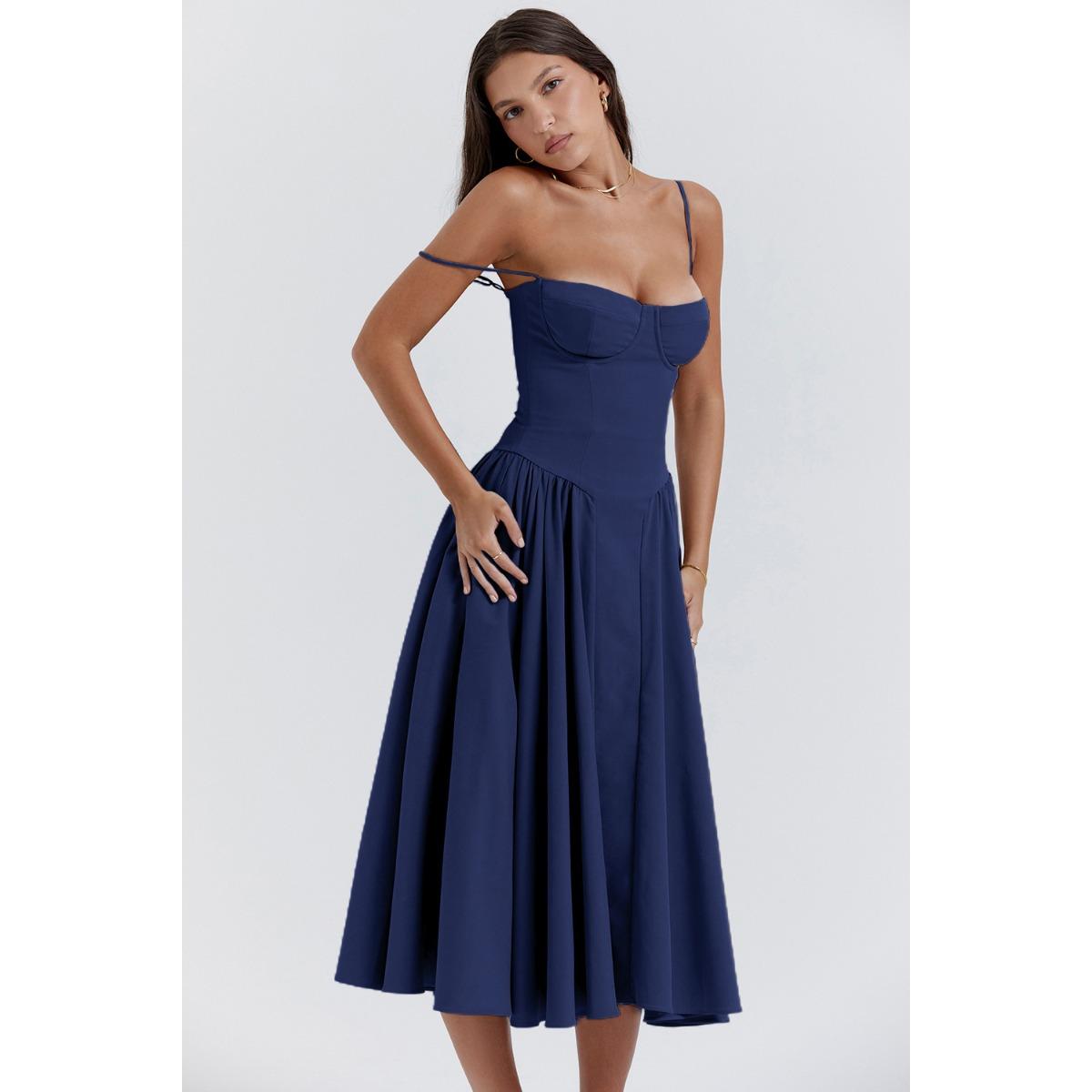 Women s Sweetheart Neck Sleeveless Midi Dress Flared Mid Rise Solid Polyester Vintage Summer Sundress S темно-синий
