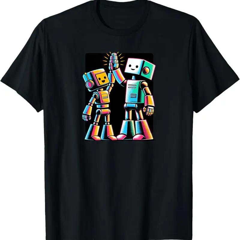 

Cartoon Robot High Five Graphic Tee Breathable Cotton Crew Neck TShirt for Unisex S