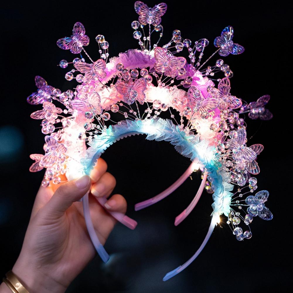 Glowing Flower Butterfly Headband LED Light Up Hair Hoop Children Flashing Hair Band New Year's Eve Party Headdress Photo Props