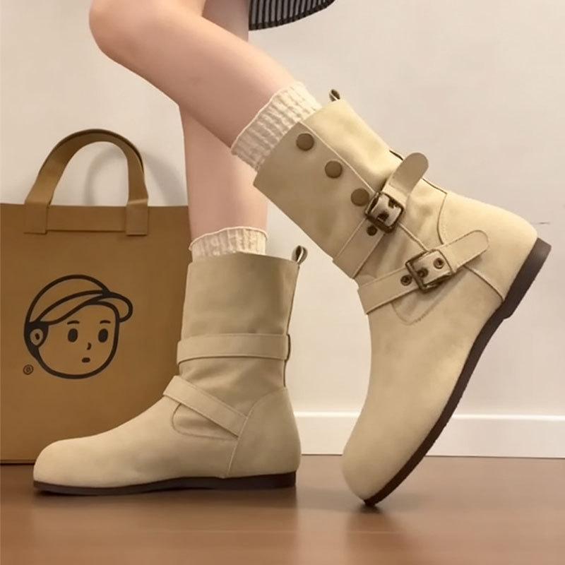 

Ретро пряжка на ремне круглый носок плоский каблук короткие ботинки женские 2025 осень и зима новые удобные универсальные модные ботинки Мартин 40 бежевый