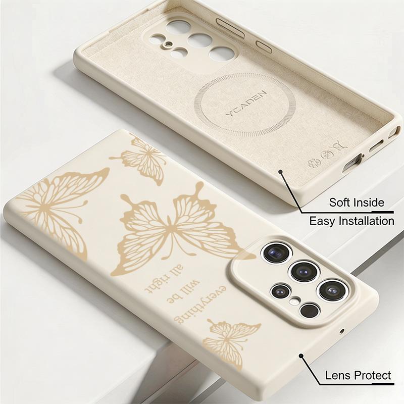 Goldern Sketch Butterfly Case For Samsung Galaxy S26 S25 Ultra S24 Plus S23 S22 Ultra Magnetic For Magsafe Liquid Silicone Cover