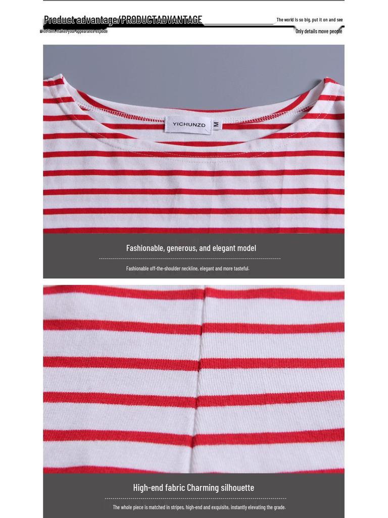 2022 Women's Slimming One-Shoulder Black & White Striped Long Sleeve T-Shirt