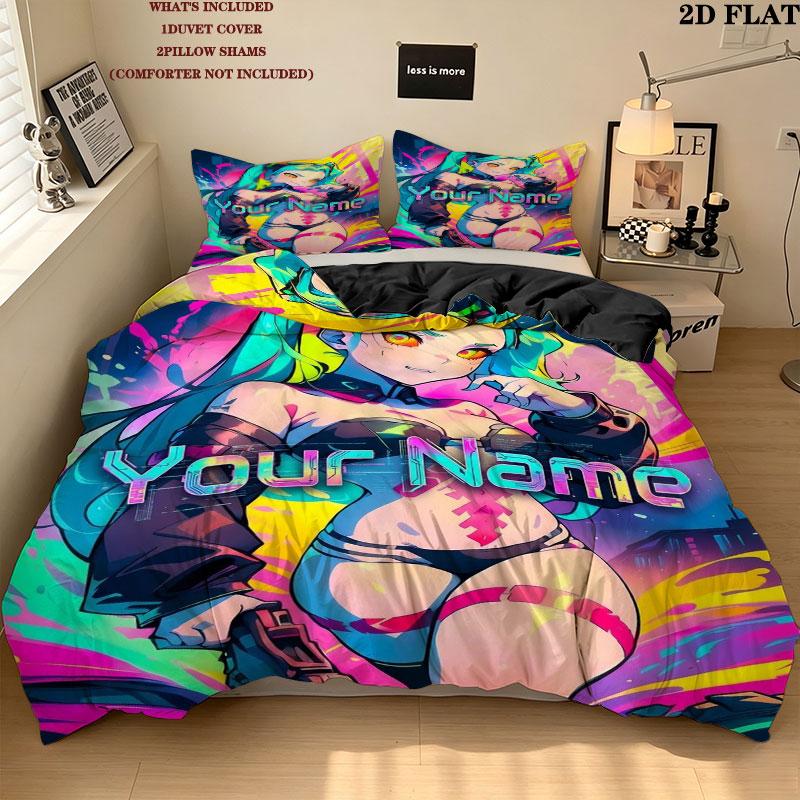 Cyberpunk Edgerunner Custom Name Pattern Bedding Quilt Set Quilt Cover Pillowcase Home Gift(1 * duvet cover + 2 * pillowcase, without core)