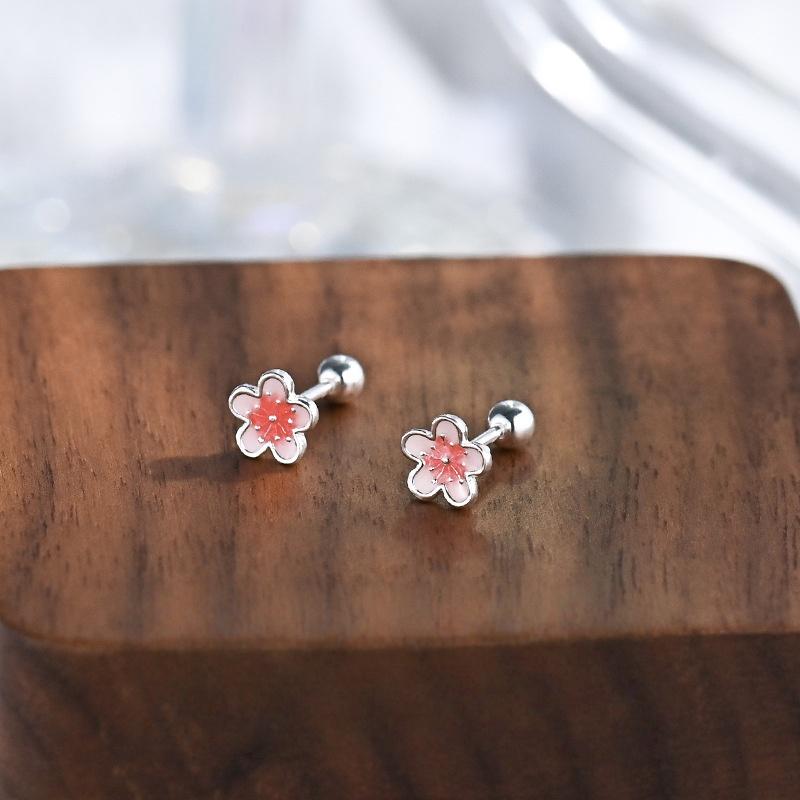 S999 Sterling Silver Pink Cherry Blossom Earrings for Women Sweet Screws Bead Earrings Simple Temperament Jewelry Gifts