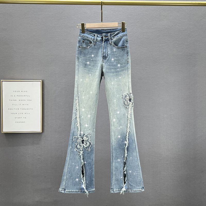 

Split High Waist Silm Slim Looking National Style Lengthened Trousers Hot Drilling Blue M