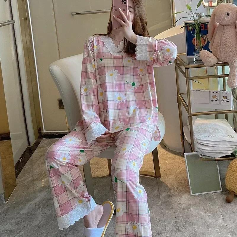 2Pcs/set Women's Pajamas V-neck Student Homewear Milk Silk Long-sleeved Trousers Lace Lace Can Go Out Clothes Women's