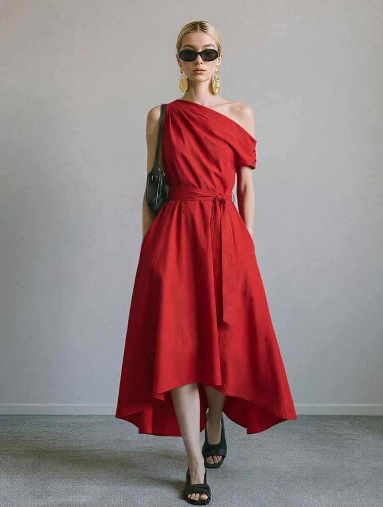 New Summer/Fall Collection Elegant Off-the-Shoulder Waist-Cinched Tie-Front Dress with Asymmetrical Hem for Women