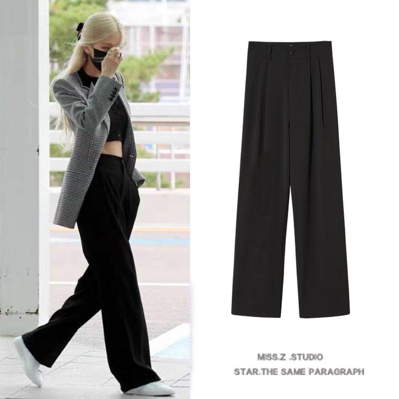 

Rose Park Caiying Same Style High Waist Straight-leg Wide-Leg Suit Pants Daddy Mop Pants Casual Long Pants Summer Wear New Arrival Black S