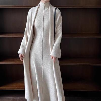 Long Knitted Cardigan Sweater Turtleneck Dress Two-piece Set